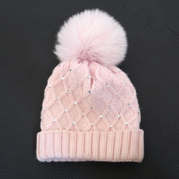 CATYA merino wool knit hat w Fur pom pom & crystals - Picture 1 of 5